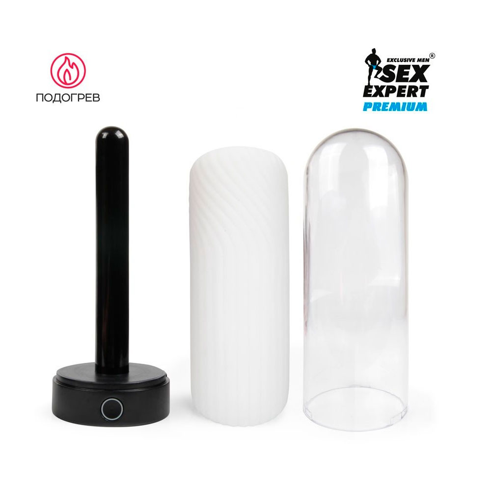 Мастурбатор Sex Expert Premium на стойке с подключённым USB-кабелем