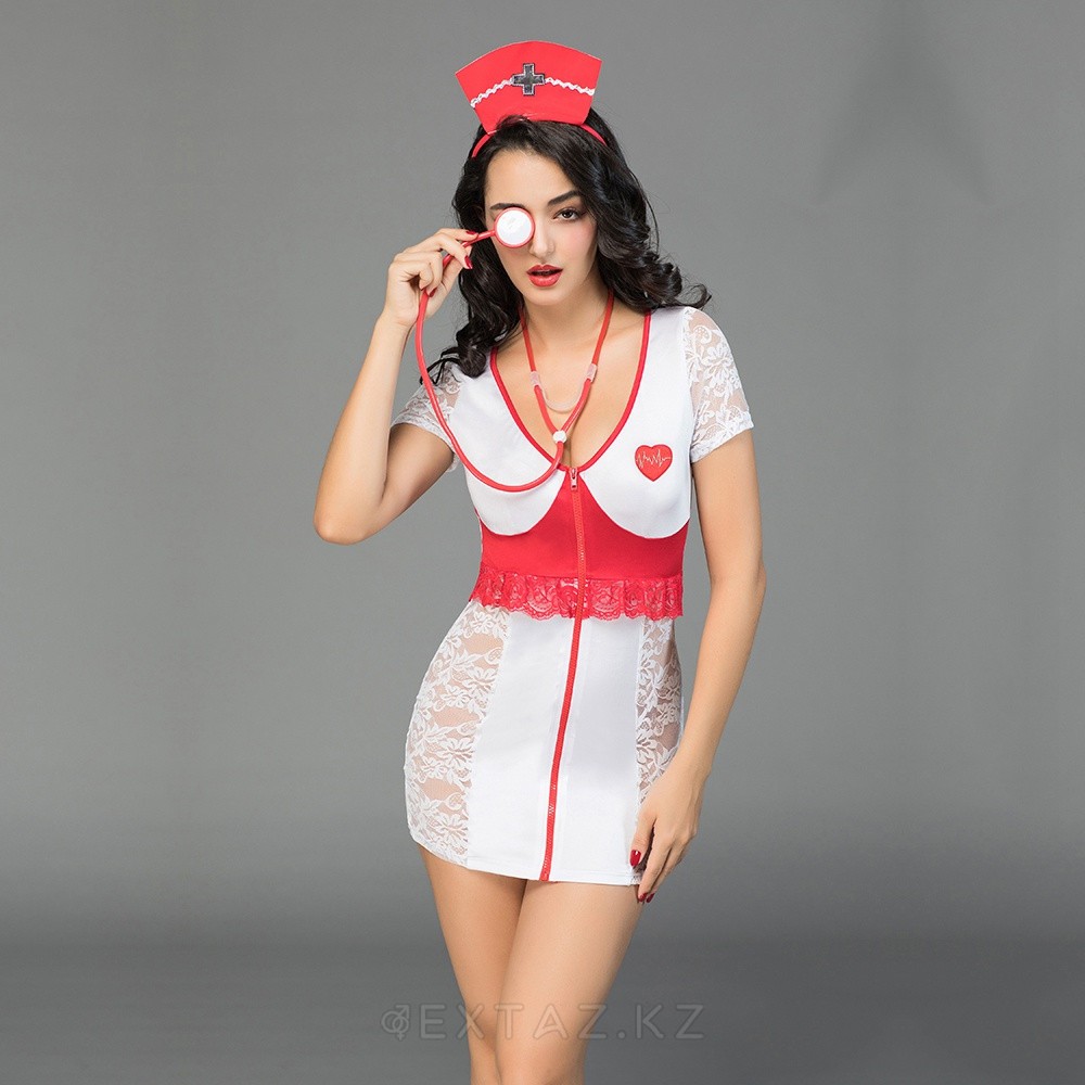Костюм медсестры Candy Girl Leann (топ, стринги, чулки), бело-красный, OS