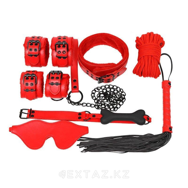 Красный набор для БДСМ игр (9 предметов) в кожанной сумке