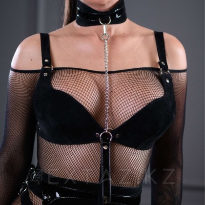 Ошейник кожаный с поводком BDSM Арсенал Sex Game, черный замшевый от sex shop Extaz фото 2