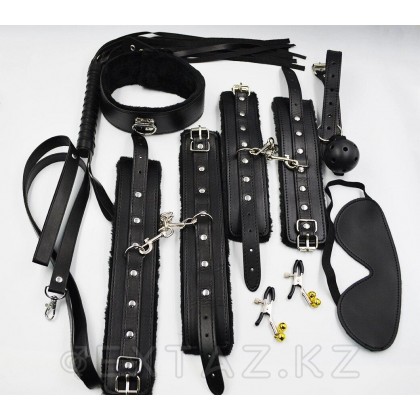 Фетиш набор Black lux  черный (наручники, оковы для ног, ошейник, кляп, плеть, маска, зажимы) от sex shop Extaz