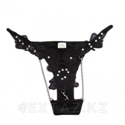 Стринги с ажурными деталями и стразами (черные) от sex shop Extaz фото 2