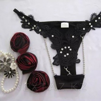 Стринги с ажурными деталями и стразами (черные) от sex shop Extaz фото 2