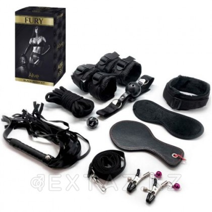Фетиш набор FURY BDSM черный Alive (наручники, ошейник и поводок, оковы для ног, кляп, флоггер, маска, канат, от sex shop Extaz фото 3