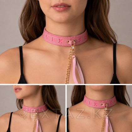 Ошейник розовый с поводком с надписью SEX, фетр, золото от sex shop Extaz фото 2