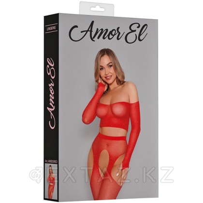 Комплект эротический Amor El топ и чулки с поясом в сетку со стразами, красный, S/L от sex shop Extaz фото 4