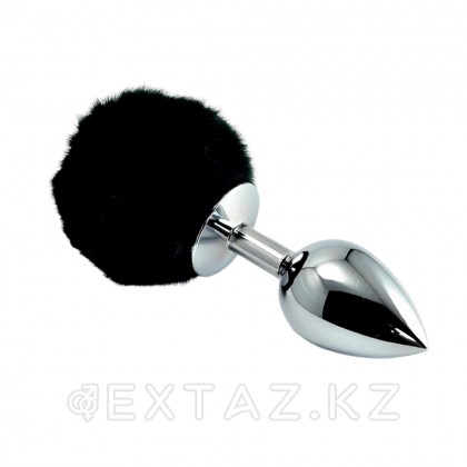 Серебряный анальный плаг с черным хвостиком от sex shop Extaz