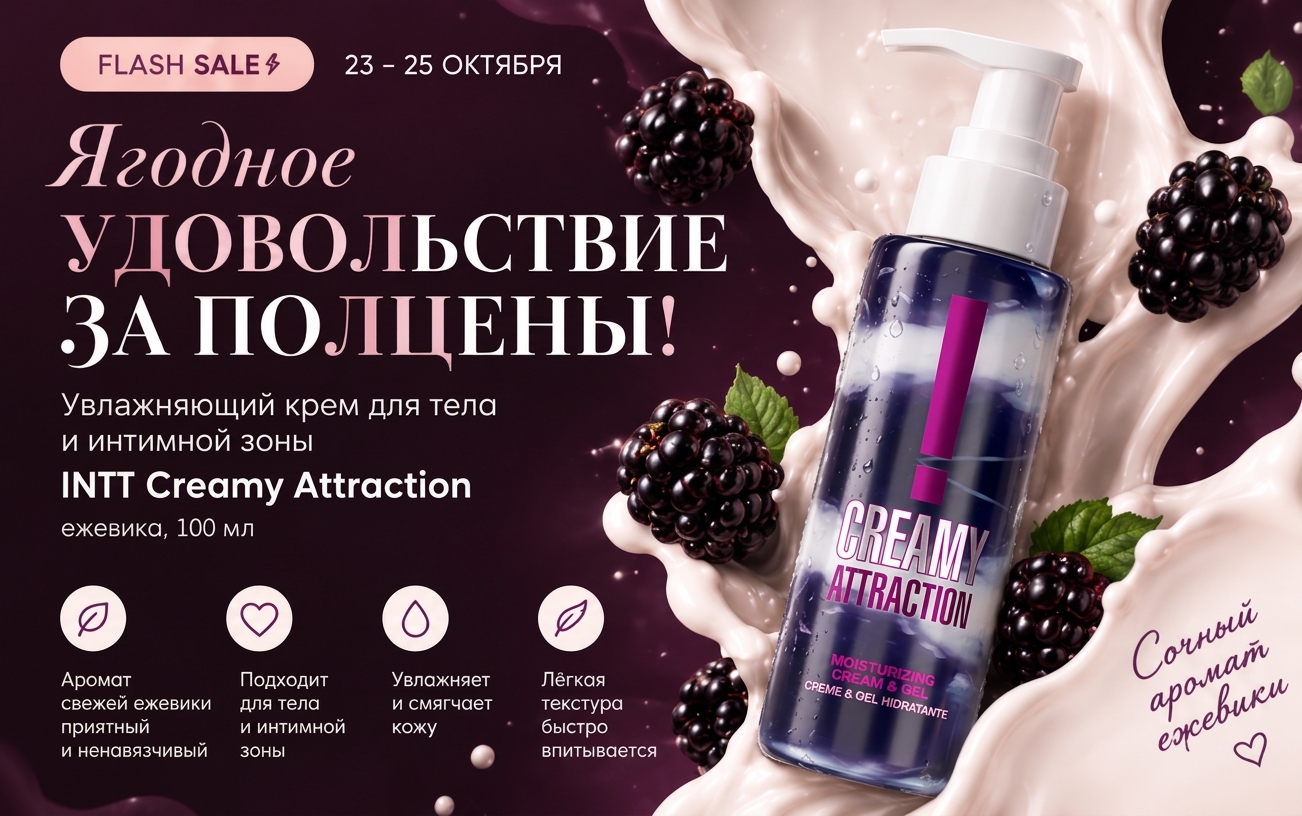 Flash Sale 23–25 октября: увлажняющий крем INTT Creamy Attraction, ежевика, 100 мл — скидка 50%. Ягодное удовольствие за полцены.